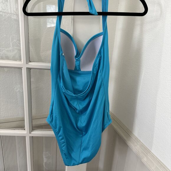 Liz Claiborne One Piece Swimsuit Womens Size 10 Aqua Blue Halter Strap Ruched - Picture 6 of 11